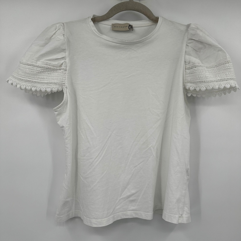 HAVEONE Italian White Cotton Puff Sleeve Crochet Lace T-Shirt Medium Romantic